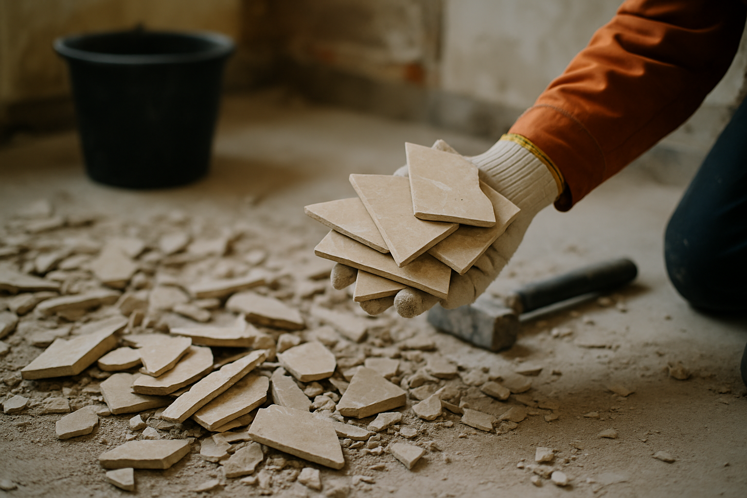 cover-637 Osoba w rękawicach trzyma kilka kafli w trakcie prac remontowych, w tle widać rozbite fragmenty płytek oraz wiaderko.