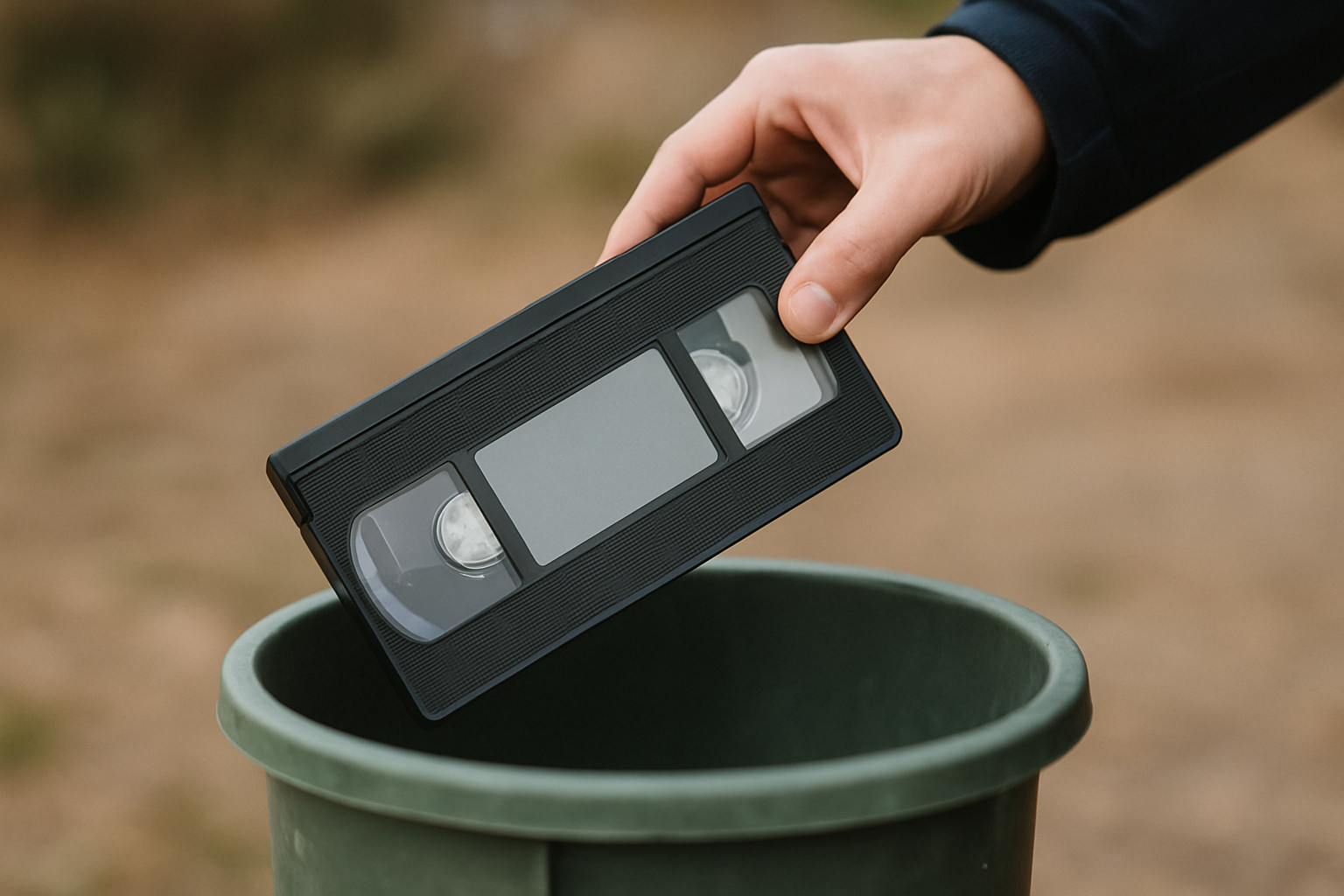 cover-661 Osoba trzymająca kasetę VHS nad zielonym koszem na śmieci, gotowa do wyrzucenia.