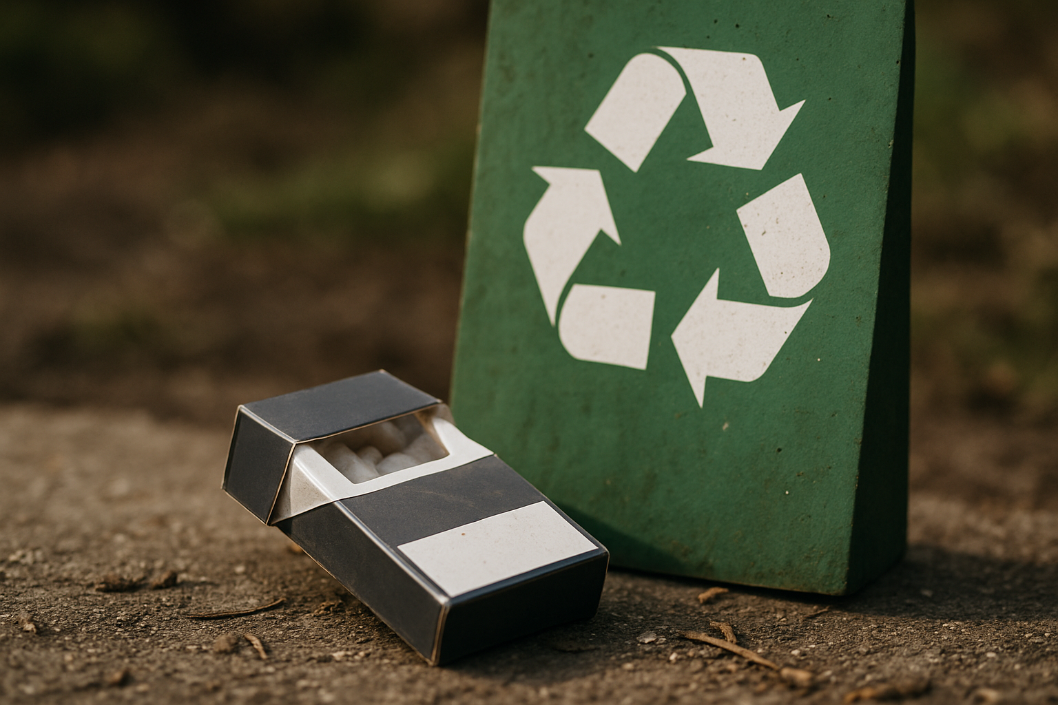 cover-667 Pudełko papierosów leżące na ziemi obok zielonego znaku recyklingu, symbolizującego dbałość o środowisko.